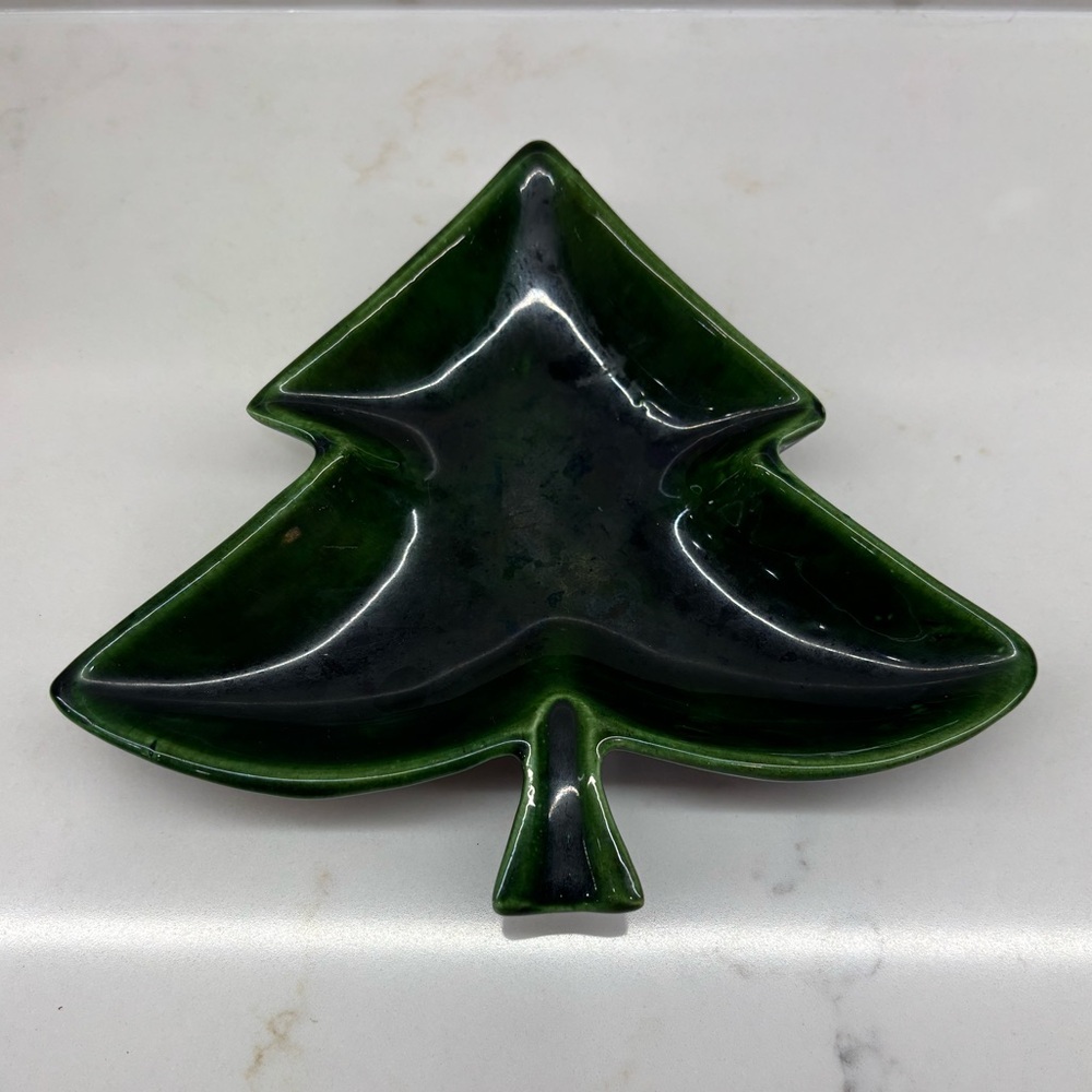 Vintage Green Christmas Tree-Shaped Ceramic Dish Trinkets Nuts Candy 1980